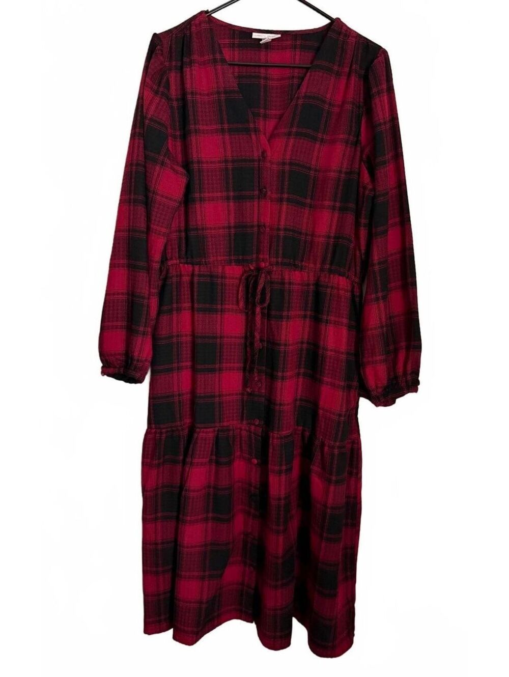 Knox Rose Peasant Midi Dress Large Black Red Plaid Fall Winter Rustic Cottage